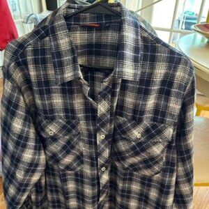 Design In Italy Blue Black Plaid Flannel Button Shirt Adult XL Long Sleeve NEW